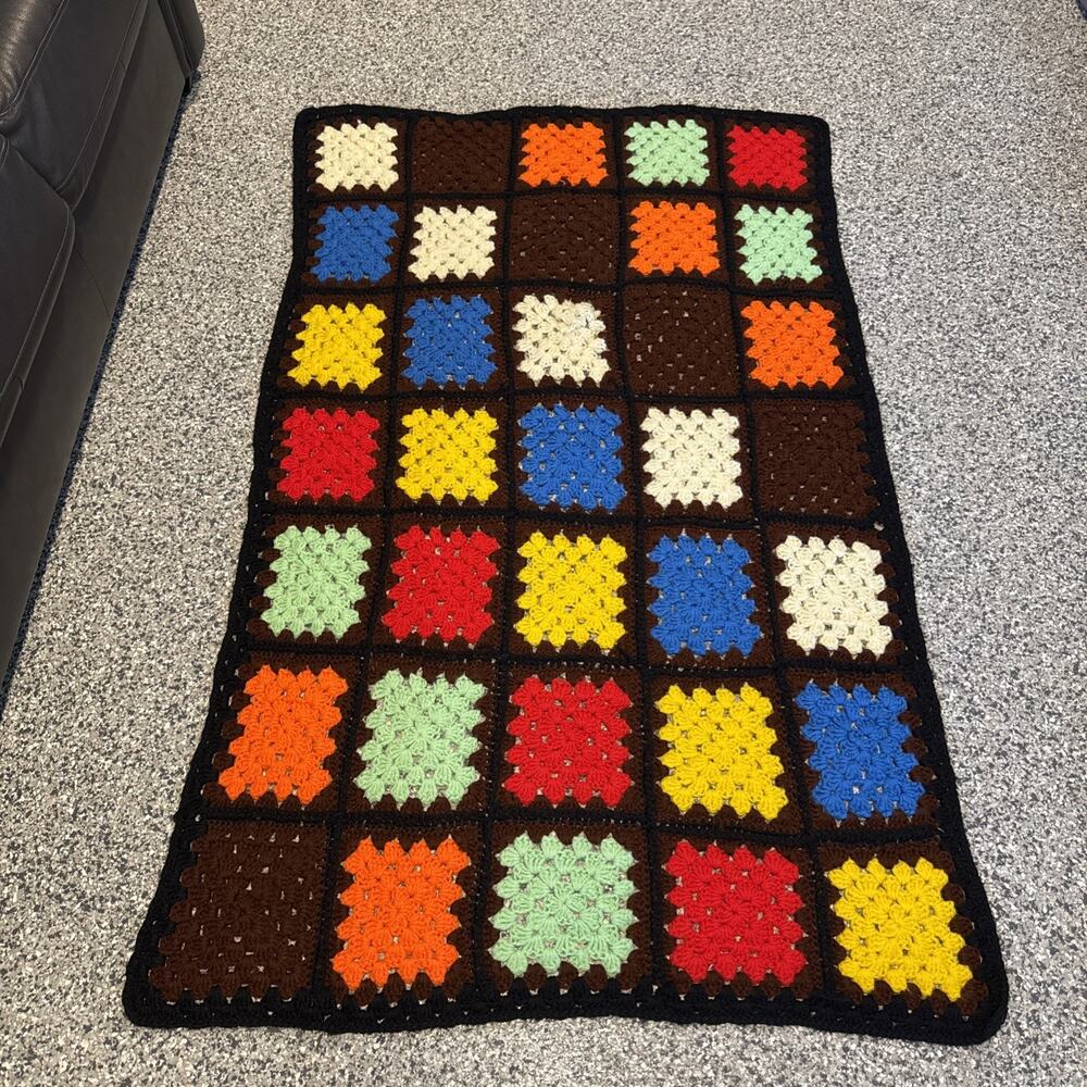 Afghan Crochet Blanket Granny Square Black Framed Solid Colors Vintage 60 X 38”